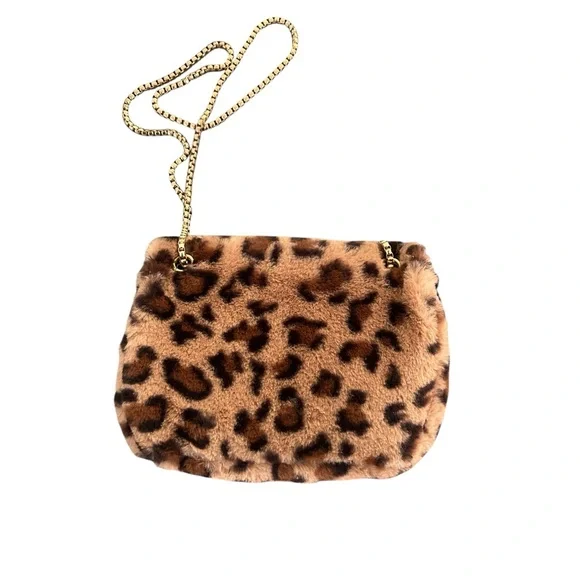 Faux Fur Leopard Print Bag Purse Gold Chain Link Strap Twist Lock Pocketbook - Picture 2 of 9